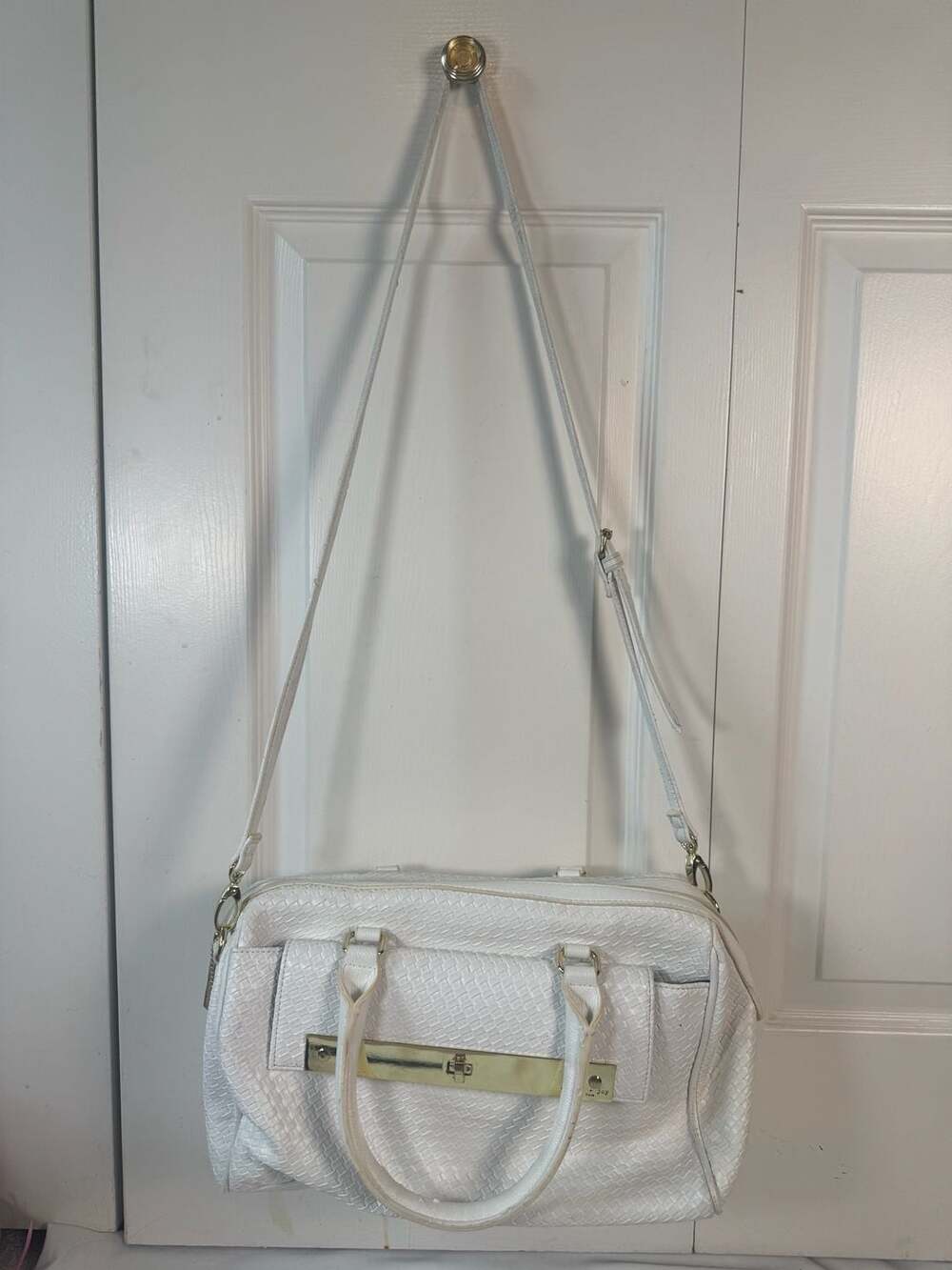 Olivia + Joy White Woven Satchel Crossbody Shoulder Bag Gold Accent Faux Leather